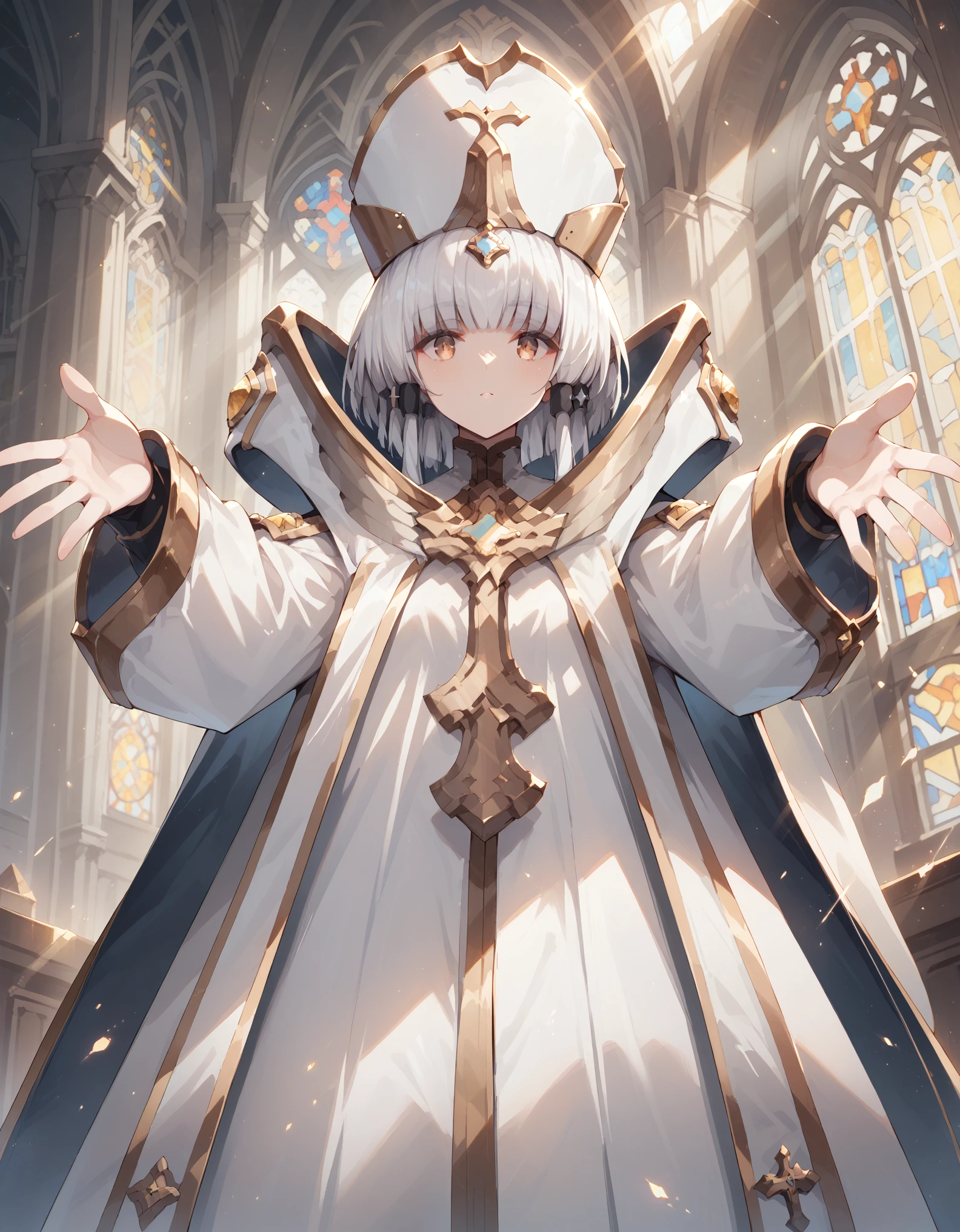 score_9, score_8_up, score_7_up, source_anime,
1girl, solo, looking at viewer, indoors, church, from below, outstretched arms,
arcana, white hair, gold eyes, blunt bangs, hair tubes, short hair, long locks,
white headwear, cape, white sleeves, long sleeves, cross, jewelry, forehead jewel,
 rays of light fall from above, giving the painting an atmosphere of divinity, full body, a little bit more mouth, big expressive mounth, all fingers are visible