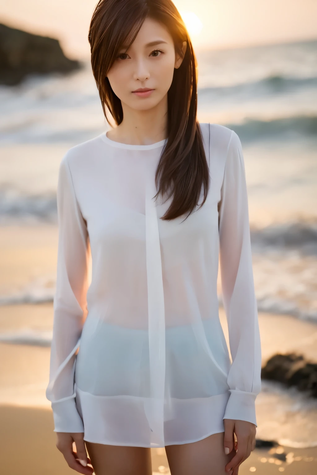 Top quality, realistic, perfect human body structure, very detailed, very delicate and beautiful, RAW photography, beach, professional lighting, luminescence, depth of field, single focal, full body, Skinny Japanese lady, 30 year old lady, brown long hair, small head, beautiful eyes, real face, detailed face, realistic skin, detailed eyes, (fashionable hairstyle: 1.3), sexy pose, absurderes, Incredibly Ridiculous res, Extremely fine, Blouse