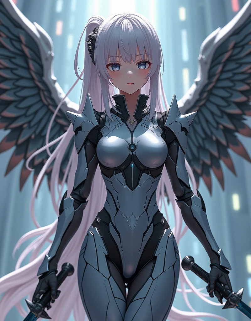 A full-body anime figure of a beautiful girl in “mecha cyber armor,” blending organic and mechanical elements for a perfect anime shoujo mecha aesthetic. She stands with a melancholic expression, reminiscent of Rei Ayanami, wearing full metal armor with intricate details and a sleek, futuristic design. The girl holds a sword in both hands, ready for battle, while ultra-clear steel wings and a metal emblem pattern adorn her back. The background features a Zero machine environment, adding a high-tech, sci-fi feel. Shot in 8k UHD with cinematic lighting, capturing every detail of her armor and expression. High-detail anime robots and an artistic, dramatic composition make this image a masterpiece of anime visual art.