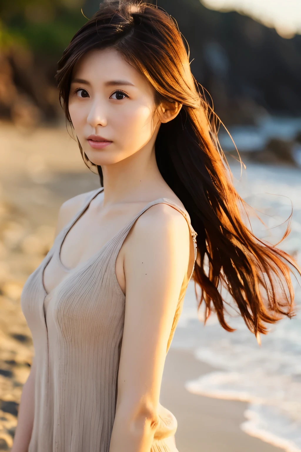 Top quality, realistic, perfect human body structure, very detailed, very delicate and beautiful, RAW photography, beach, professional lighting, luminescence, depth of field, single focal, full body, Skinny Japanese lady, 30 year old lady, brown long hair, small head, beautiful eyes, real face, detailed face, realistic skin, detailed eyes, (fashionable hairstyle: 1.3), sexy pose, absurderes, Incredibly Ridiculous res, Extremely fine, Blouse