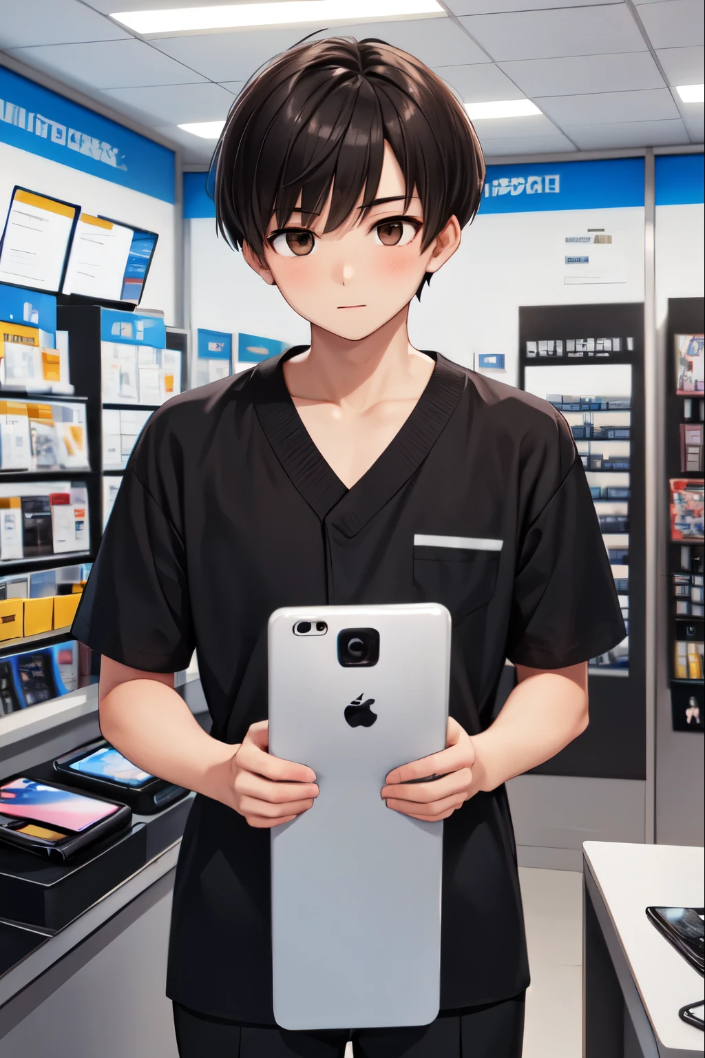 1boy (phone store attendant, 1.7m tall, 20 years old, brown eyes, black flat cut hair.)