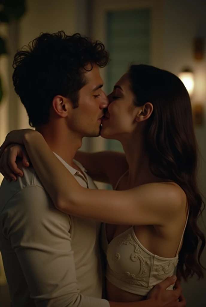 alexandre frota, dressed in a white cotton t-shirt and jeans with a leather belt, sweaty, chest hair visible, body hair, bulge, is standing embracing and passionately kissing Lois Lane, a beautiful woman with light brown hair, wearing a printed dress in pastel colors. They are in a classic American kitchen