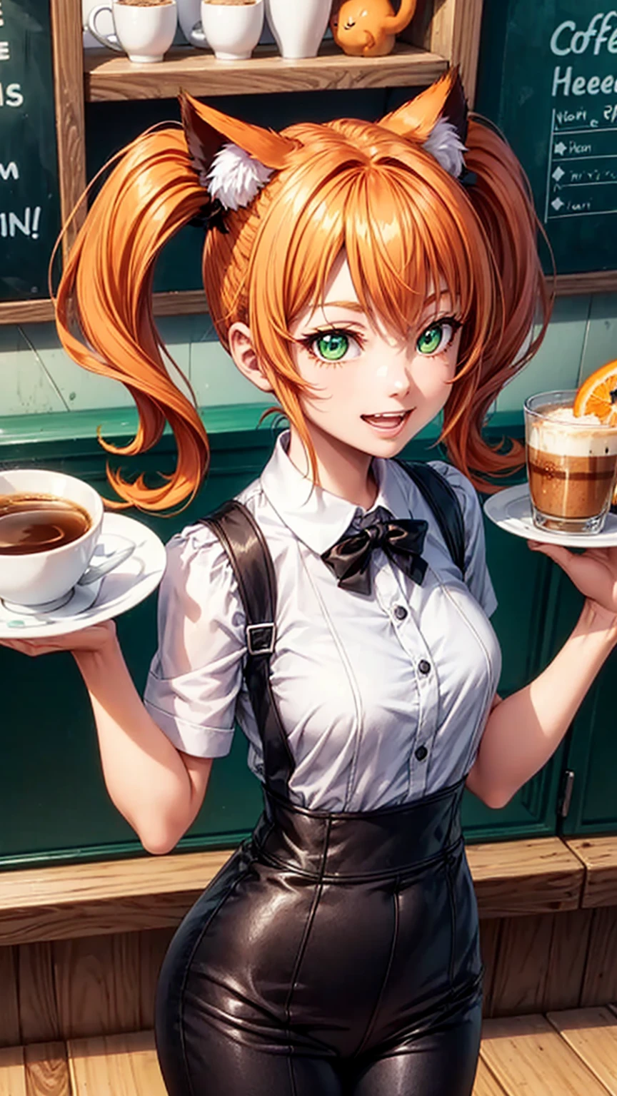 1girl in coffee shop,solo,happy face,teeth, green with white line waitress outfit, medium ,orange cat ears,light orange hair,mega twintails,green eyes,(((standing in a cafeteria))), peace sign, hot coffee, cup on tray , from above, 