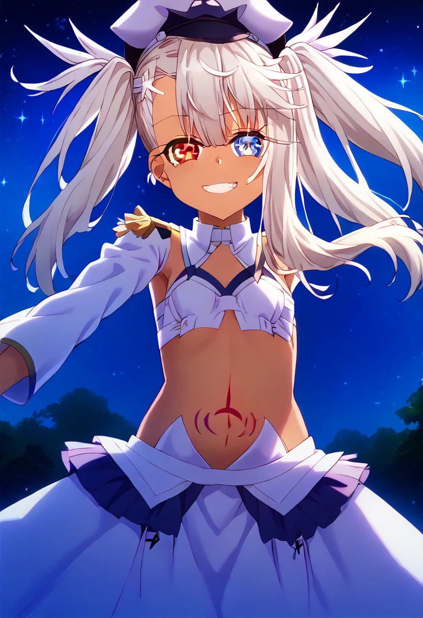 Beautiful girl being held by a thick man's arms, cowboy shot, kneeling,  Dark Skin Silver Haired Elf 、 Cheerleader Outfit, small breasts、Thick thighs、 simple background、heart, nsfw,  Hollow Eyes、(glistening skin), (oily skin), (shiny skin),(half closed eyes), 