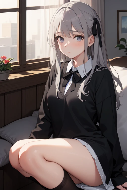 Sorakasugano, Sora Kasugano, ahoge, (Black Eyes:1.5), Hair between the eyes, hair ribbon, Long hair, twintails, black ribbon, white colored hair, (flat chest:1.2),
Black shoes BREAK, black tights, gray tape, grey skirt, loafers, long sleeves, mini skirt, pantyhouse, pleated skirt, sailor collar, school uniform, serafuku, Shoes, upskirt, white sailor collar, white serafuku,
BREAK looks at the viewer,
BREAKTHROUGH in the room,
BREAK (Masterpiece:1.2), Best Quality, High Resolution, Unity 8k壁纸, (illustartion:0.8), (beautiful detail eyes:1.6), extremely detailed face, perfect lighting, extremely detailed CGI, (perfect arms, perfect anatomy),