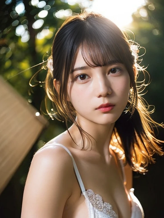 (highest quality,masterpiece:1.3,ultra high resolution),(Super detailed,caustics,8k),(photorealistic:1.4,RAW shooting),1girl,(look down at the camera),(front shot:1.1),(face forward),1,cute,Japanese,lingerie,(small breasts:1.3),(big boobs),(close up),(breast focus),street,sunshine,Natural light,(Backlight),(A bright light shines from behind),(Lens flare),professional writing,(cowboy shot),(low position:1.3),(Low - Angle:1.3),sad,cleavage