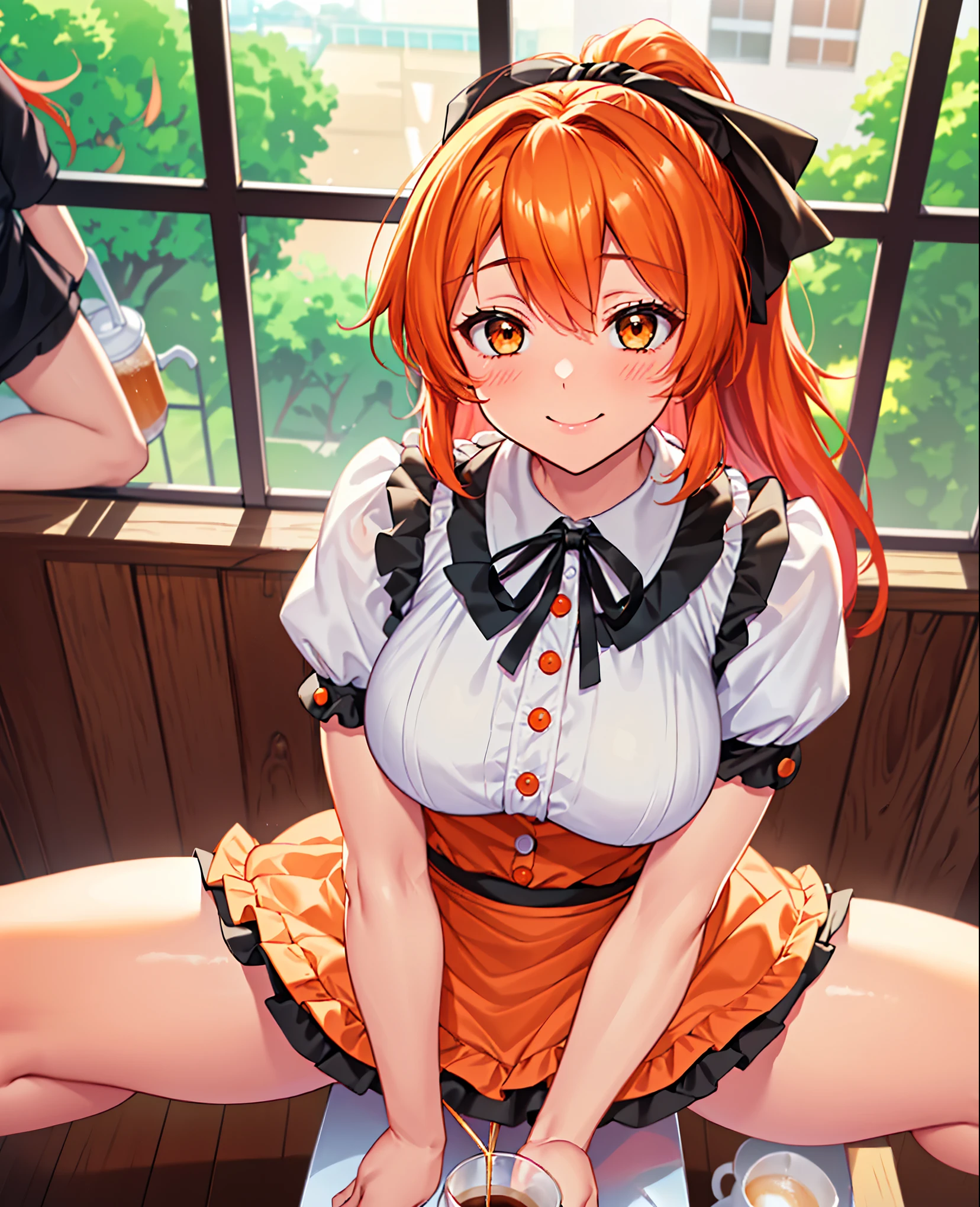 (from front), by Fisheye Lens, Beautiful girl at 2, Curvy, Large Breasts, Underbust,  (Leg spread), (Pee in a cup:1.5), (Cup between the legs:1.3), hot coffee,(Classic puffy short sleeve ruffled blouse), brown panties, (orange mini skirt), (green Maid Apron), (Button-down shirt), (Neck Ribbon Button Gap)+ Thighs, Put your arms behind your back, (View your viewers:1.5), (Embarrassing:1.3), (Smile), (vapor:1.3), (Girl trembling with sexual climax:1.3), Middle Hair, orange Hair, High Ponytail, Wavy Hair, Glowing Skin, (coffee shop), window, morning, (crowd:1.3), (masterpiece, highest quality, High resolution:1.3), Perfect Anatomy, (by above:1.3)