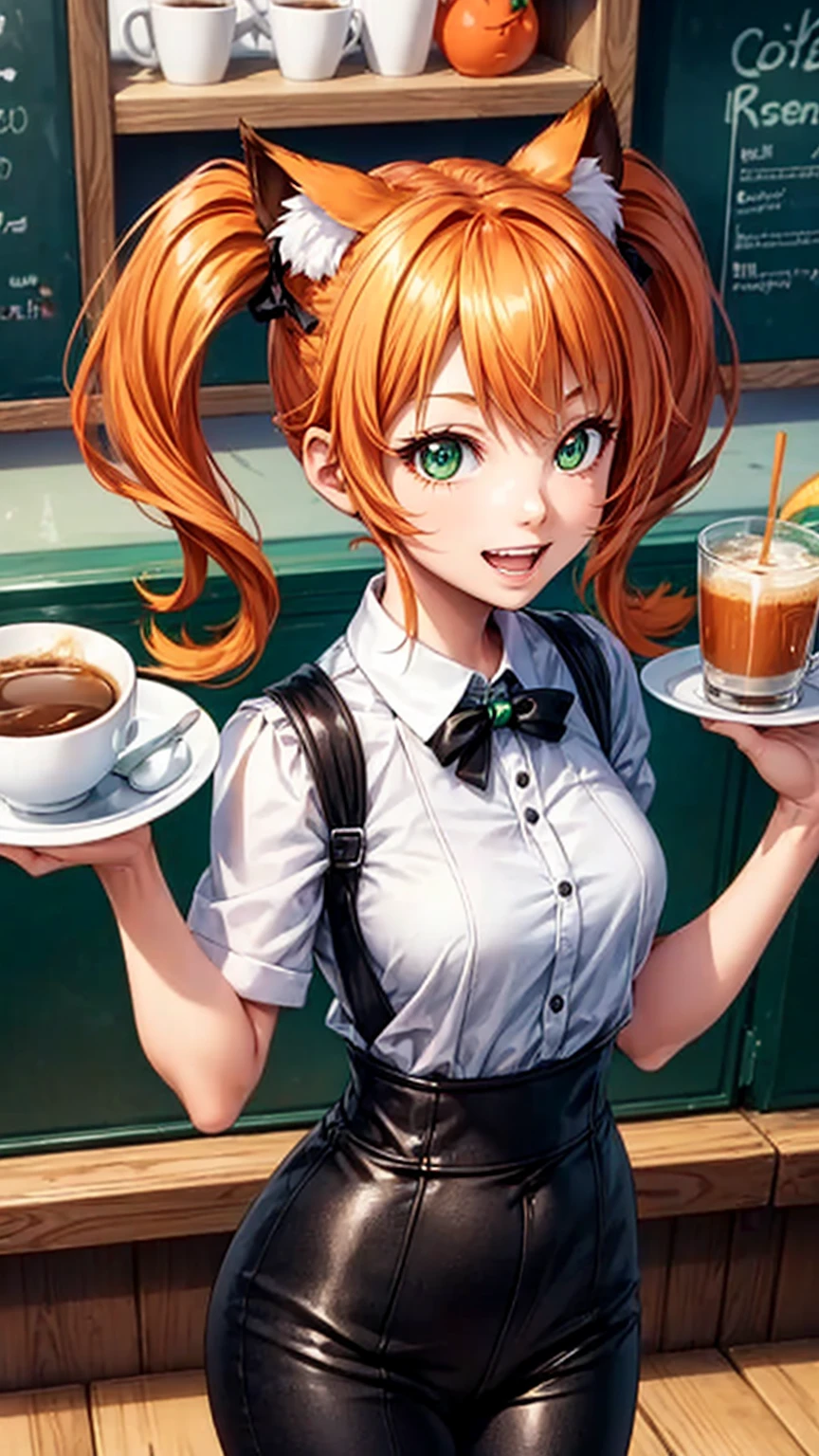 1girl in coffee shop,solo,happy face,teeth, green with white line waitress outfit, medium ,orange cat ears,light orange hair,mega twintails,green eyes,(((standing in a cafeteria))), peace sign, hot coffee, cup on tray , from above, 