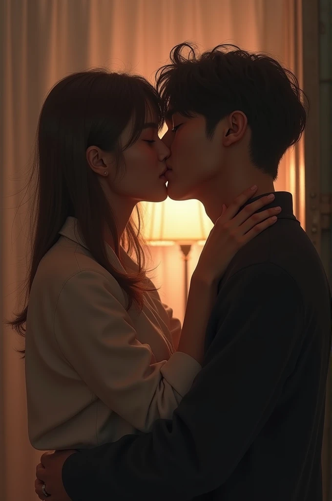 Boy and woman, beautiful woman, kissing each other with passion, in a bedroom, bright room, candles lit, night time,