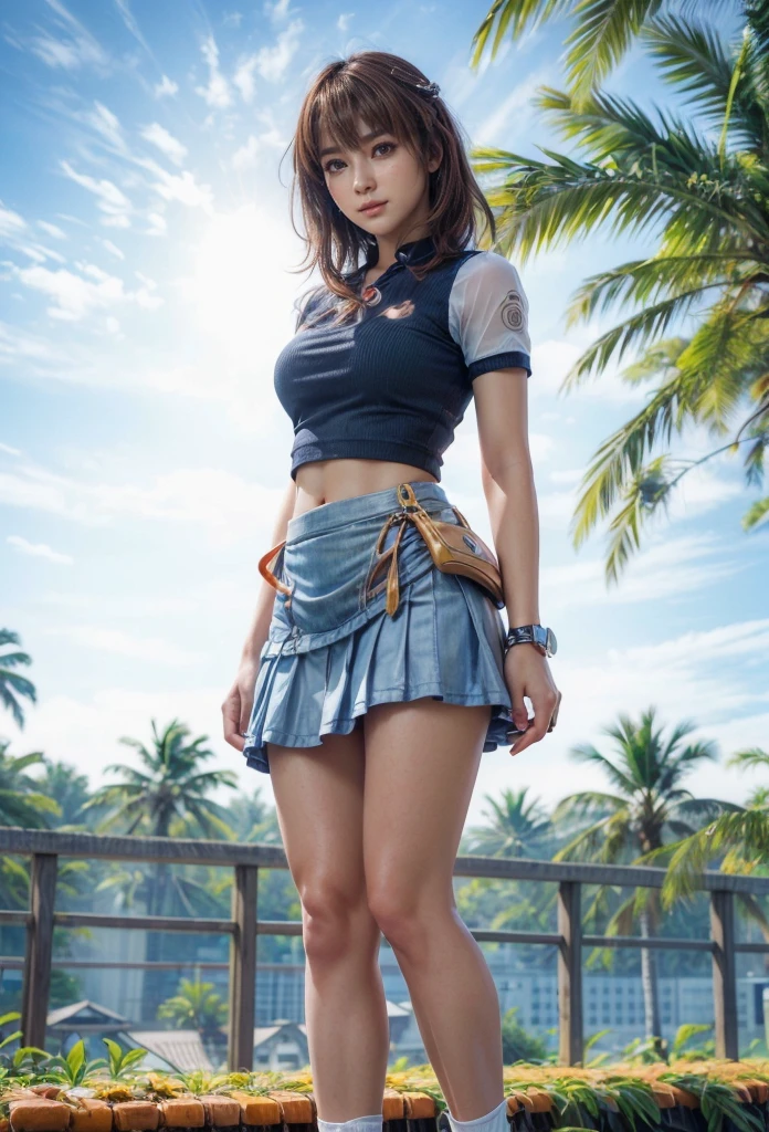 8k, masterpiece, raw photo, Best Quality, photorealistic, extremely detailed CG unity 8k wallpaper, depth of field, cinematic light, Lens flare, ray tracing, 1 realistic cute girl,(extremely beautiful face, Beautiful lips, hermosa big smile mostrando los dientes blancos, pretty eyes,light eyes, (Pale skin), (large eyes), look forward,big breasts,wasp waist (narrow),beautiful and slim legs ), face with intricate details, ((ultra detailed skin))  In the dark, deep shadow, (very slim athletic body.:1.3), ((looking at the viewer)),(big smile:1.3), (sheer white sleeveless cropped blouse with lace and bows unbuttoned)),  (Daylight Large buildings, tree, (blurred background) urban landscape, Roofs, Beautiful earrings,  (brown fur), (looking at the viewer:1.3), open chest, (very thin),  ((red high heels)), black leather cropped mini skirt(extremely short), shoulder bag, full body shot,walking towards me,