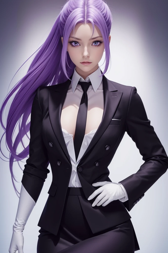 Highest quality,masterpiece,High resolution,only,{Black business suit:1.40},{tie:1.20},{White gloves:1.15},{ White shirt:1.10}, {Black Skirt:1.15}, good looking, {Medusa_fgo:1.15}, length_hair, purple_hair, very_length_hair, purple_eye, chest, big_chest