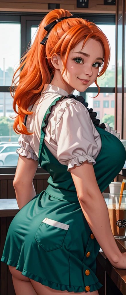 (from front), by Fisheye Lens, Beautiful girl at 2, Curvy, Large Breasts, Underbust,  hot coffee,(Classic puffy short sleeve ruffled blouse), (orange mini skirt), (green Maid Apron), (Button-down shirt), (Neck Ribbon Button Gap)+ Thighs, arms behind your back, (View your viewers:1.5), (Embarrassing:1.3), (Smile), (vapor:1.3), (Girl trembling with sexual climax:1.3), Middle Hair, orange Hair, High Ponytail, Wavy Hair, Glowing Skin, (coffee shop), window, morning, (crowd:1.3), (masterpiece, highest quality, High resolution:1.3), Perfect Anatomy, (by above:1.3)