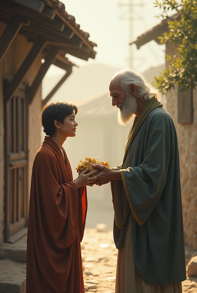 The farmer, in a modest hut, places a small portion of his harvested crops on an altar. The room is simple, with a few offerings and a small deity statue. The farmer looks peaceful and hopeful.