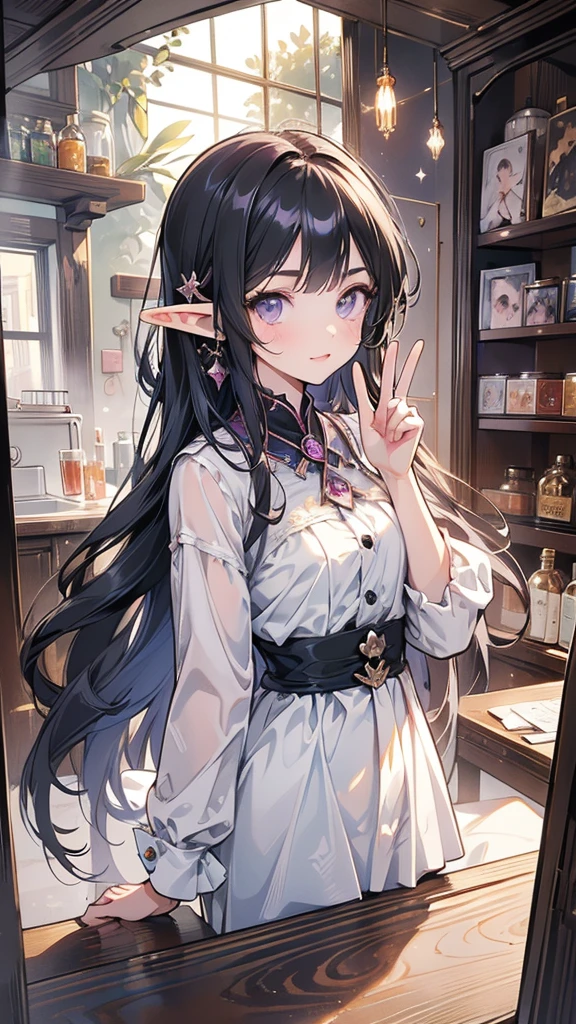 masterpiece, best quality, 1girl, ultra detailed, ultra highres, well-definded facial features, anatomically correct, cute girl, long pointy ears, elf, nice face, black hair, puple eyes, masterpiece, best quality, (peace sign), (tradingcard like MTG),