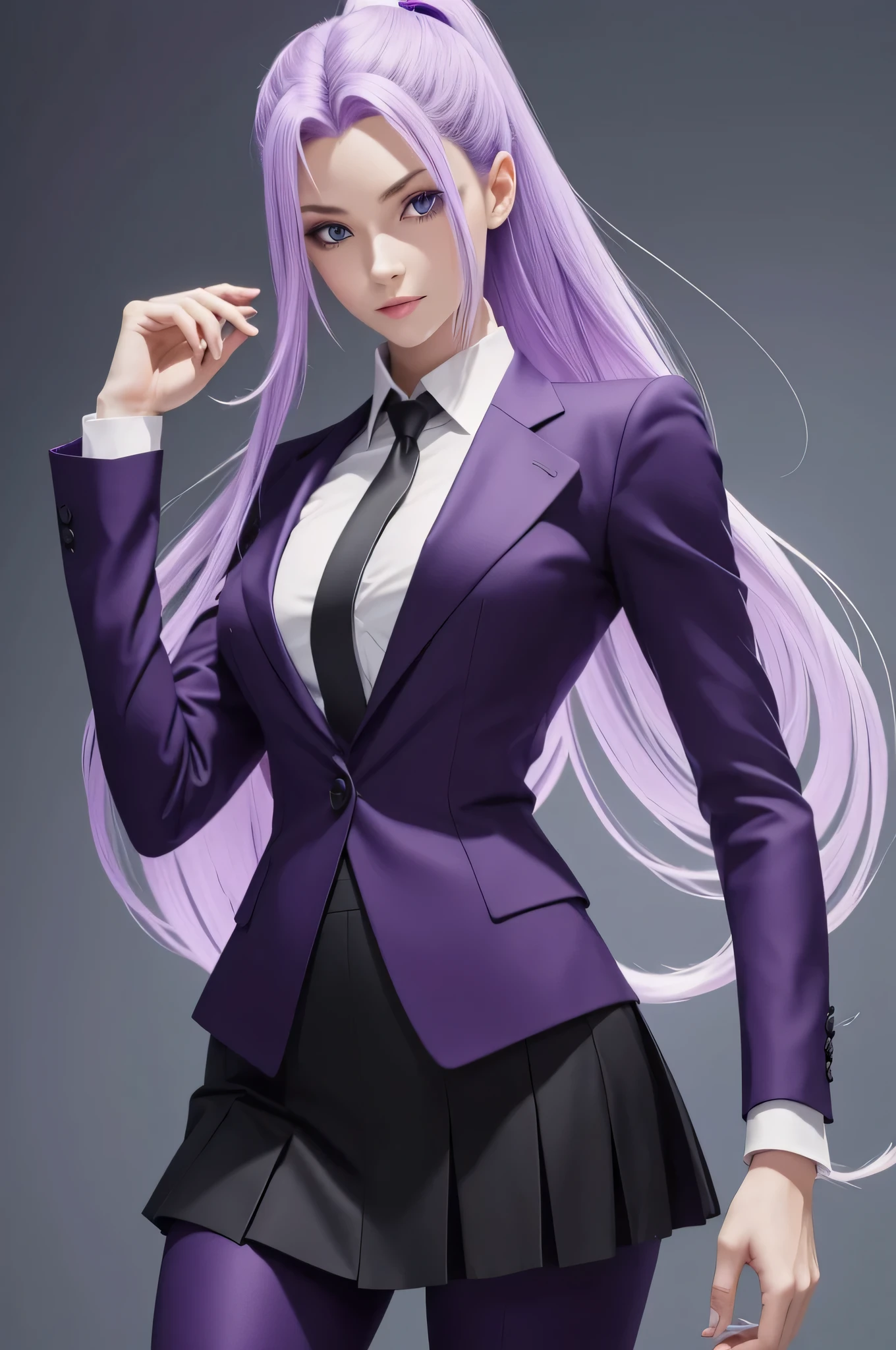 Highest quality,masterpiece,High resolution,only,{Black business suit:1.40},{tie:1.20},{White gloves:1.15},{ White shirt:1.10}, {Black Skirt:1.15}, good looking, {Medusa_fgo:1.15}, length_hair, purple_hair, very_length_hair, purple_eye, chest, big_chest