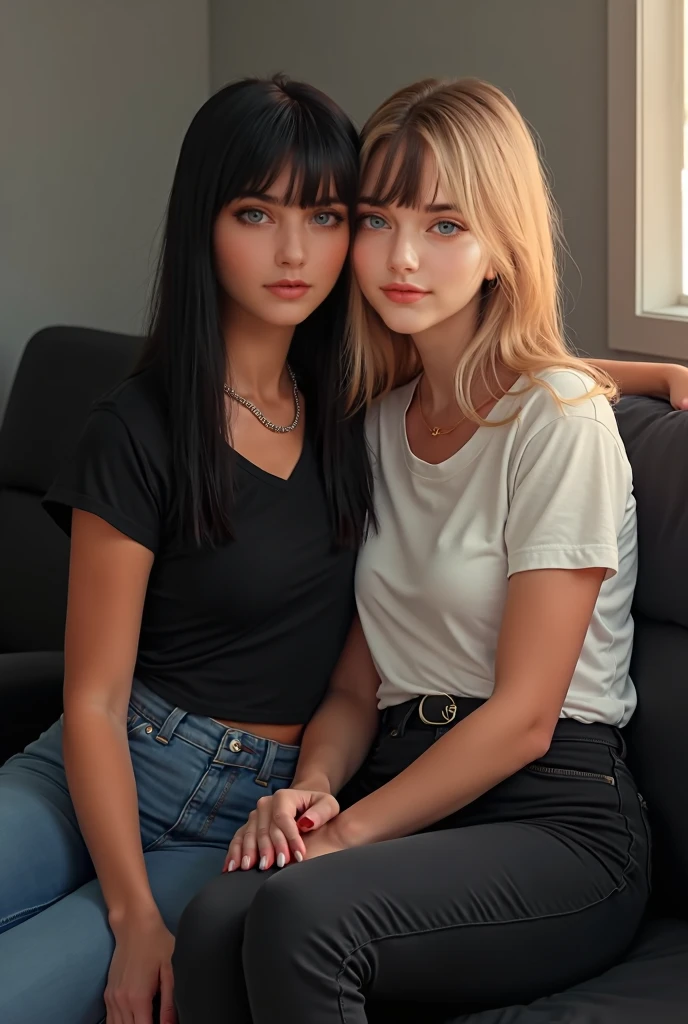 18-year-old tan skinned thot woman named Biena and, her pale white goth lover with black hair named Estella, (squishing their bodies together, conjoined torsos, sharing a body), gazing at each other, in love, lusting after each other, they had sex together, angry, disgusted by each other (detailed background, soft lighting, warm lighting, contemporary) (( Estella is a pale white goth girl, milky white skin, pale white skin, albino white skin, American woman, black hair, straight hair, low cut bangs over forehead, lots of freckles all over her body, tattoos all over her body, snake tattoo, skull tattoo, heart tattoo, sleeve tattoo, leg tattoo, slim body, fit body)), ((Biena is 18-year-old, sexy, golden blonde hair, long and wavy hair, bangs, dark golden skin, spray tanned skin, golden skin, suntanned skin, thick thighs, slightly chubby)), ultra-realistic photo, feminine features, ((both have very different facial features, ethnicities, and skin colors)), ((wearing two colored bikini, half colorful and half black, bra, panties, colors split down the middle, knee high socks, one colorful sock and one black sock)), conjoined, 2 heads, different heads, different skin colors, vitiligo, harsh mixing, clear boundary where skin color changes, smooth transition, contrasting skin colors