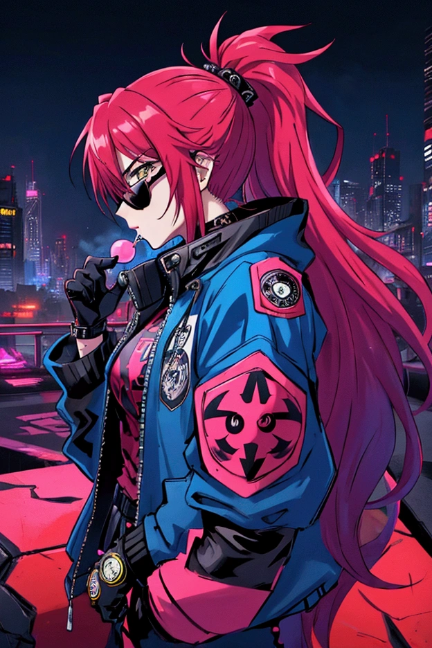 cyberpunk-style anime character portrait with a strong and edgy vibe. The character is a young woman with long, flowing hair, wearing a vibrant blue jacket covered with various patches and logos from high-end brands like Versace, Balenciaga, The North Face, and Nike. She has a serious expression, captured in a side profile, with a pair of futuristic yellow sunglasses and is blowing a bubblegum bubble. The background is a bold, bright red with chaotic black graffiti text and symbols like biohazard icons and smiley faces scattered around. Include small details like hairpins, stickers on her jacket, and subtle glowing effects to enhance the overall neon aesthetic. The entire composition should have a modern, rebellious feel with attention to the vibrant colors and urban streetwear elements.