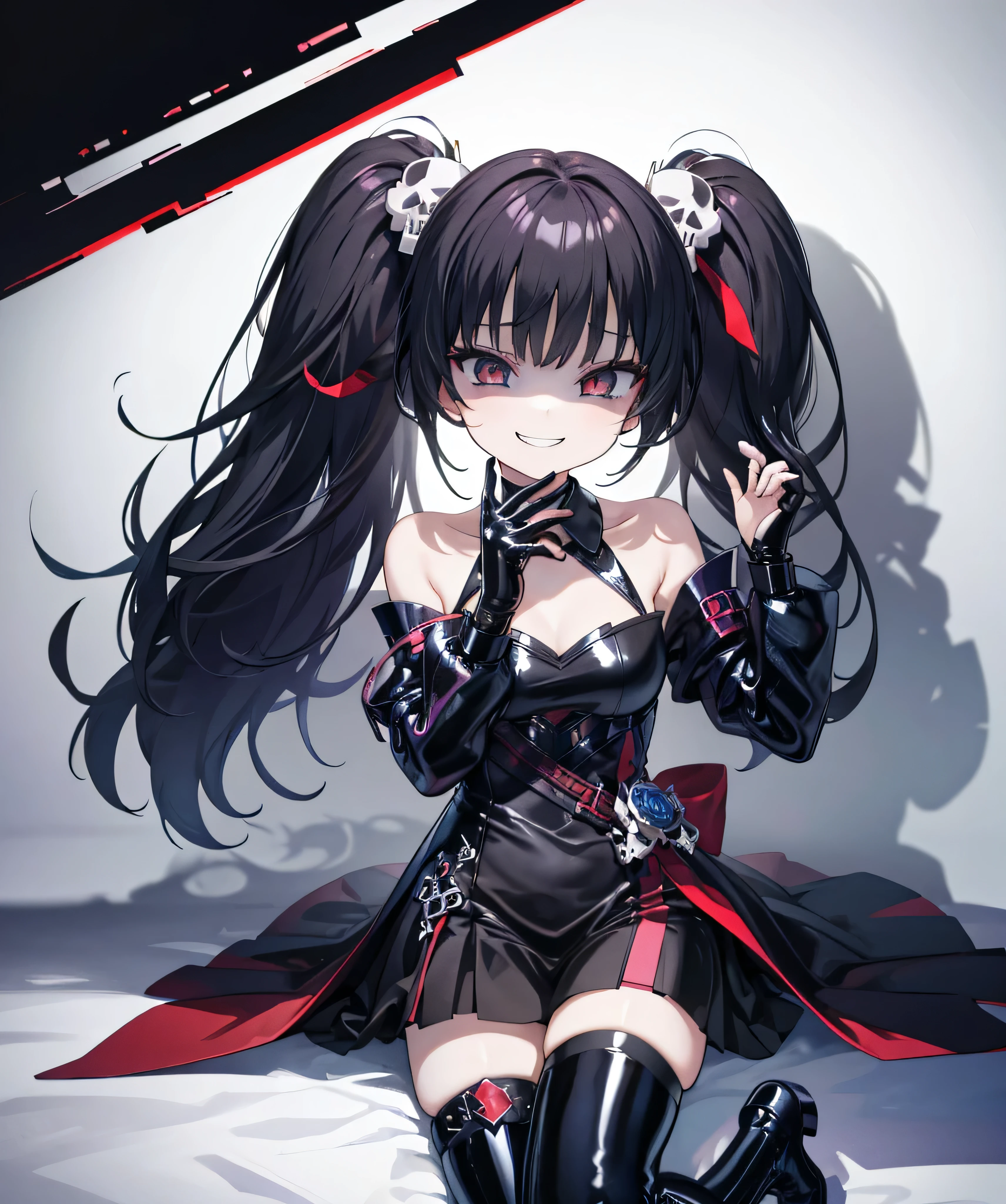 ((Highest quality)), (masterpiece)), (detailed: 1.4), Disorganized solutions、High resolution、(masterpiece:1.4)、Super detailed、Beautiful girl、Highest quality、masterpiece、Very detailed、(1 person):1.4、(Black latex swimsuit)、、Twin tails、Short Twin tails、choker、:1.1,(Shiny latex)、elbow full gloves,thighhigh  boots,Dim landscape,Dark aura,ruins,skull,Bloodbath,evil grin,evil smile,