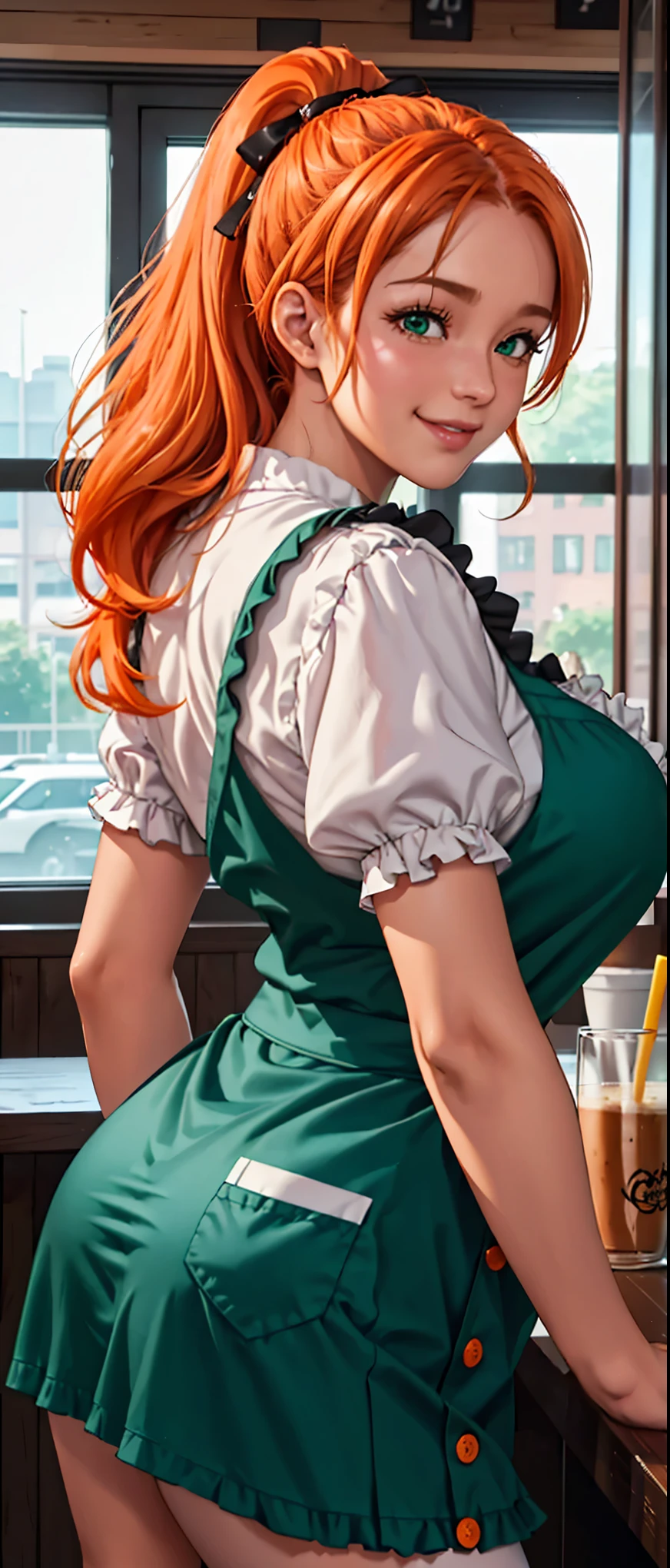 (from front), by Fisheye Lens, Beautiful girl at 2, Curvy, Large Breasts, Underbust,  hot coffee,(Classic puffy short sleeve ruffled blouse), (orange mini skirt), (green Maid Apron), (Button-down shirt), (Neck Ribbon Button Gap)+ Thighs, arms behind your back, (View your viewers:1.5), (Embarrassing:1.3), (Smile), (vapor:1.3), (Girl trembling with sexual climax:1.3), Middle Hair, orange Hair, High Ponytail, Wavy Hair, Glowing Skin, (coffee shop), window, morning, (crowd:1.3), (masterpiece, highest quality, High resolution:1.3), Perfect Anatomy, (by above:1.3)