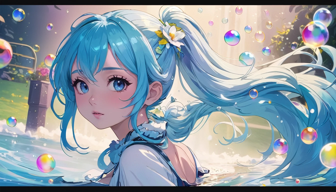 (masterpiece), (best quality), (Extremely detailed),(Messy hair),(illustration), (1 girl), (Fashion), Everlasting, fashion model, Looking at the audience, (Large Breasts), (Simple background),Beautiful and delicate eyes, Delicate and beautiful face, floating,(High Saturation),(Colorful splash),Colored bubbles,(shining), Face Focused,  Ponytail, Kamisato Ayaka, Light blue hair, Bangs, Hair ring, Floating flowers, Flowing hair, (shining), Optimal lighting, Best shadow,