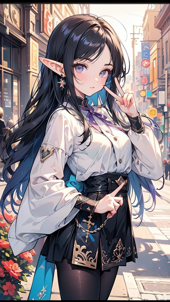 masterpiece, best quality, 1girl, ultra detailed, ultra highres, well-definded facial features, anatomically correct, cute girl, long pointy ears, elf, nice face, black hair, puple eyes, masterpiece, best quality, (peace sign), (tradingcard like MTG),