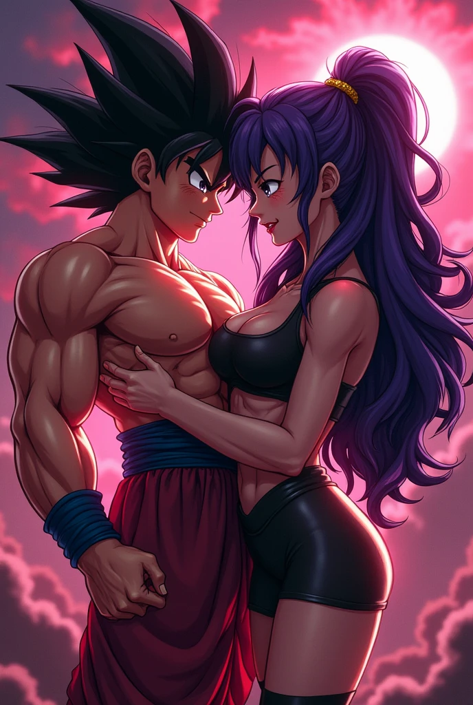 1 girl ,Saiyan, purple hair combed back, green eyes,slim, thin waist, wide hips, brown skin color, medium breasts, naked, pussy, pussy penetrated by a futanari with a horse cock, huge horse dick, long horse dick , standing inside a forest.