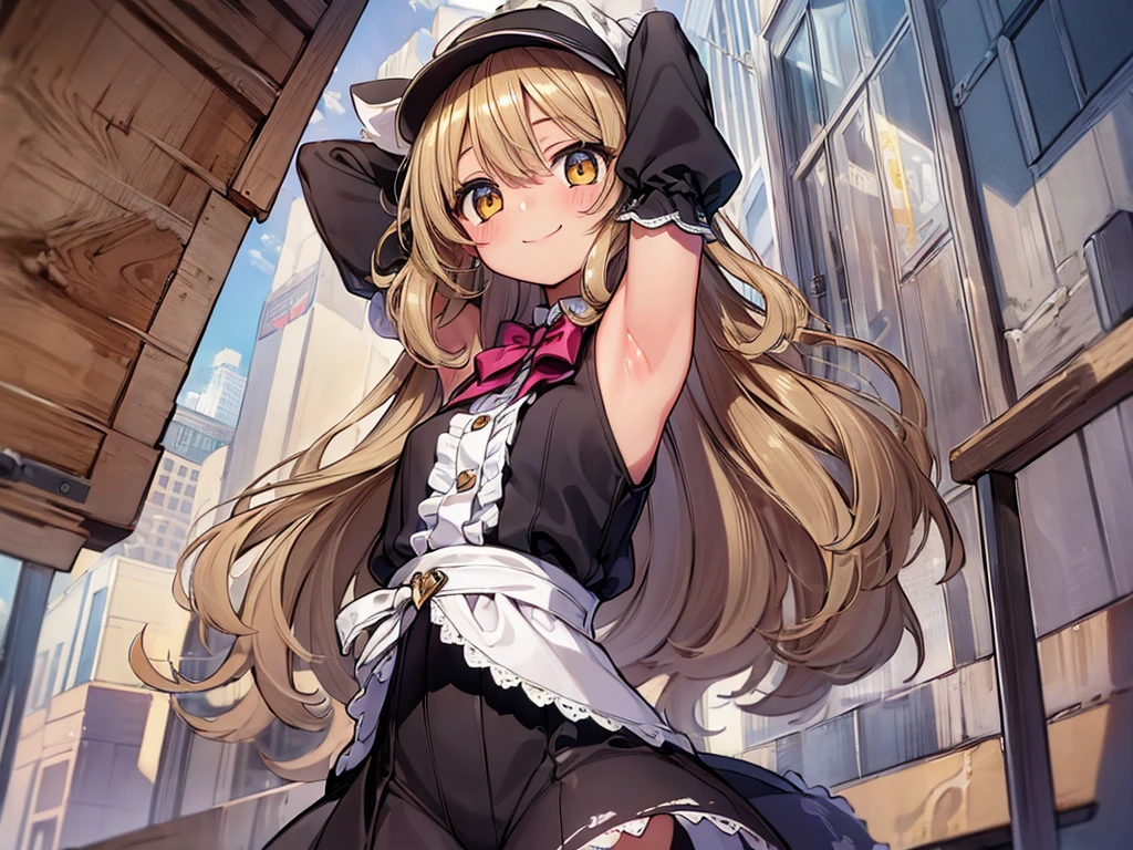 Blonde hair, twin tails, red ribbon, green eyes, bunny ears, maid outfit, full body, smiling, jumping