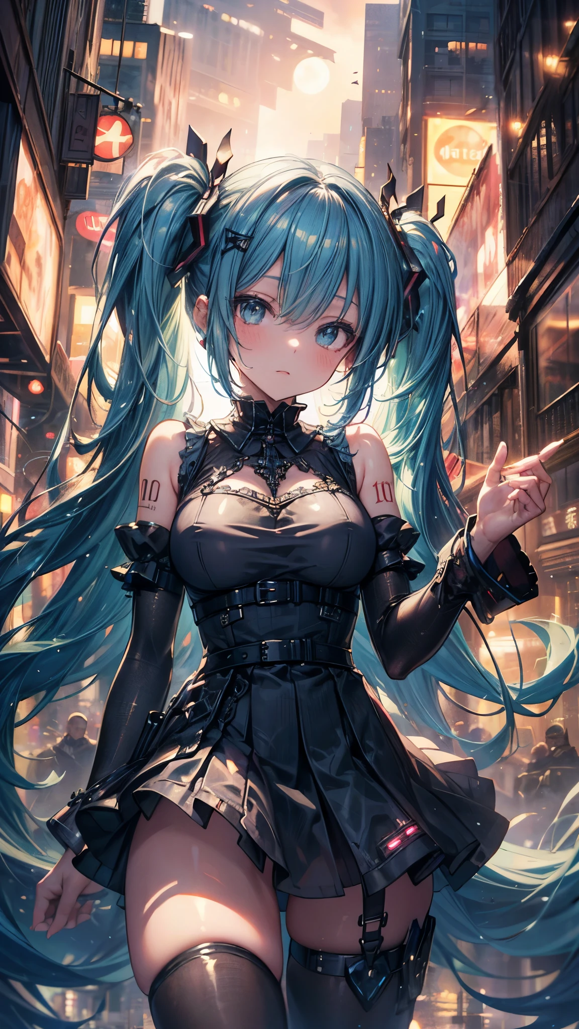 masterpiece,A very delicate painting,highly detailed,Impressionism,Photorealsitic,deep-shadows,blurry backround,realisitic,Cinematic lighting,film grains,perfect anatomy,depth of fields,elaborate design,cowboy shot,cute girl,Hatsune Miku,beautiful eyes,Expressionless,sexy body,tits,super detailed shiny skin,super detailed cute gothic dress,Half-naked,see-through,mini gothic skirt,thighs,thighs,in futuristic cyber city,high buildings,((Skyscraper)),midnight,big moon