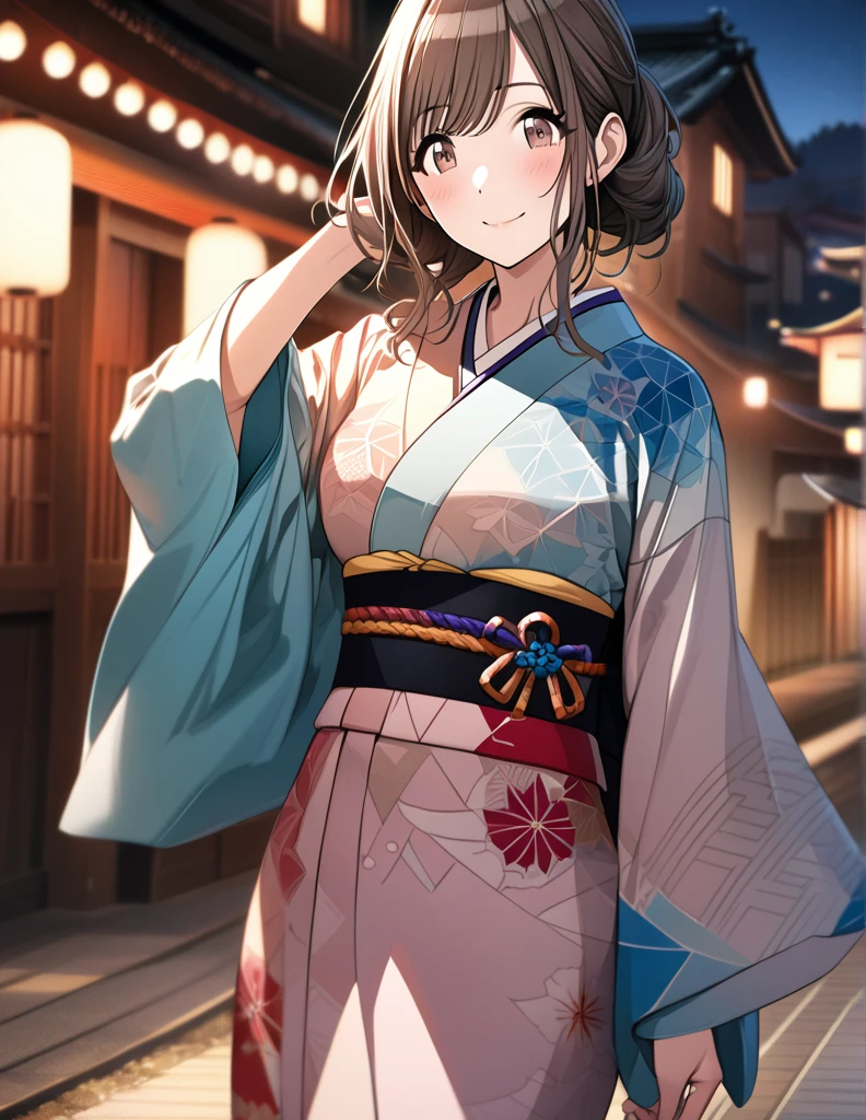 (masterpiece),(Highest quality),(Very detailed),(Best illustrations),(Best Shadow),(disorganized),(Detailed Background),(so beautiful), 
Official Style,
Tsukioka Kogane,
(The Idolmaster Shiny Colors:1.2),

smile,
blush,
alone,
kimono,
Japan,
Kyoto,
Night view,
late night,
Background Blur, 
(realistic skin:0.2)
focus on face,
Cowboy Shot, 