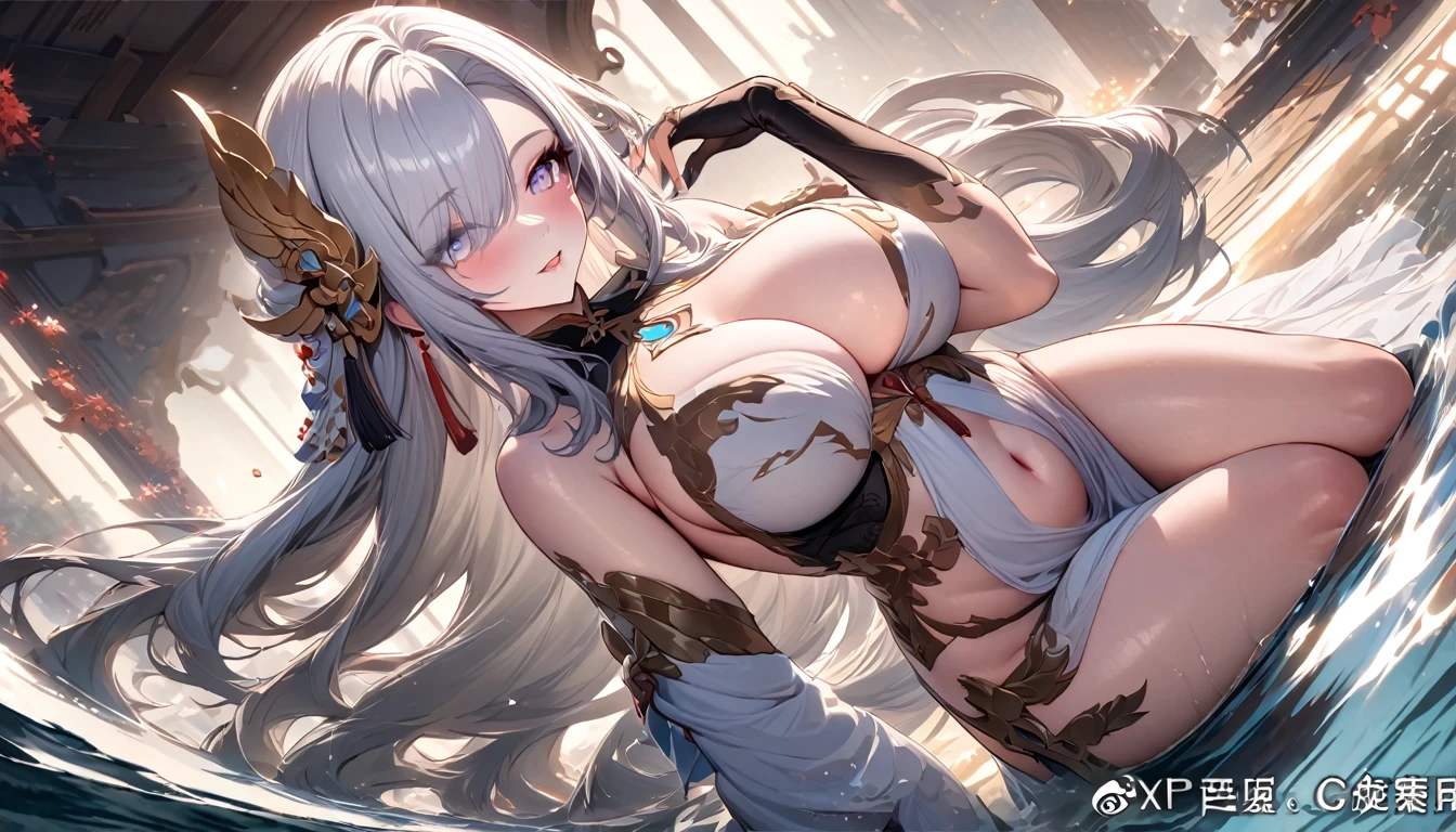 high quality,HD,16K,Sharp Line,1 Girl,fantasy, （Ice and Fire Goddess）,Pretty Face, Large Breasts, Beautiful legs,In the water,Focus Girl,detailed Pretty Face,Detailed clothes,beautiful eyes,Cool,Sexy,Dynamic Angle,穿着华服的神明Strike a pose拍照, Ancient mysterious sexy goddess, Traditional beauty woman, Beautiful female warrior god of war , Beautiful sexy goddess, Gorgeous role-playing, high, Beautiful young girl, Beautiful woman, 华丽Beautiful woman, Complex clothing,Chinese Mystical Aesthetics, Beautiful goddess ancient mysterious girl, Extremely detailed shot of the goddess, Jaw-dropping sexy beauty, Big breasts deep neckline sexy belly button（butt), (bedroom), (Sexy Girls), masterpiece, best quality, Bangs, blush, Chest, clavicle, Eyebrows visible through hair, (Ombre gold hair), Jewelry, Long hair,Bright Eyes, ring, (solitary), illustration, fashionable, miss, Strike a pose, background, element, confident, Express, Accessories, majestic, striking, key point, Dynamic poses, ((plump)), (purple))Woman in transparent dress,Viewer,(((Full breasts, Keeley University))),Slim waist,(Navel exposed,Bare waist), Long hair, extreme detailed details, 详细的fantasy艺术, Stunning character art, Beautiful and exquisite character art, Beautiful transparent dress, Very detailed, Large Breasts，Chest，Golden ratio figure，Beautiful figure，Ultra wide-angle shooting，Full body shot拍摄，Body close-up，Full body shot，Wearing a pleated tulle skirt，柔和动漫illustration, 柔和的深色background，Fujifilm XT3 Clear focus, f 5.6, High Detail, Clear focus,(Wearing openwork clothing),, (Natural light), (Tempting)translucent, Good velvet quality, Compared, Divine Light,, Silver hair, 夜空background, Absolute Strength,Female Shinmei，穿着性感丝绸的Female Shinmei,，Large Breasts，Chest，Golden ratio figure，Beautiful figure，Ultra wide-angle shooting，Full body shot，Body close-up，Full body shot， Wearing a tulle dress, Model shooting style, Large Breasts，饱满Chest，Golden ratio figure，Beautiful figure，(Extremely detailed CG 8k wallpaper unit), The most beautiful artistic photos in the world, , 8K 超HD, ) ，Sexy姿态，Sexy表情，best quality,masterpiece,Ultra-high resolution,(Practical:1.4),original photo,Ultra-high resolution