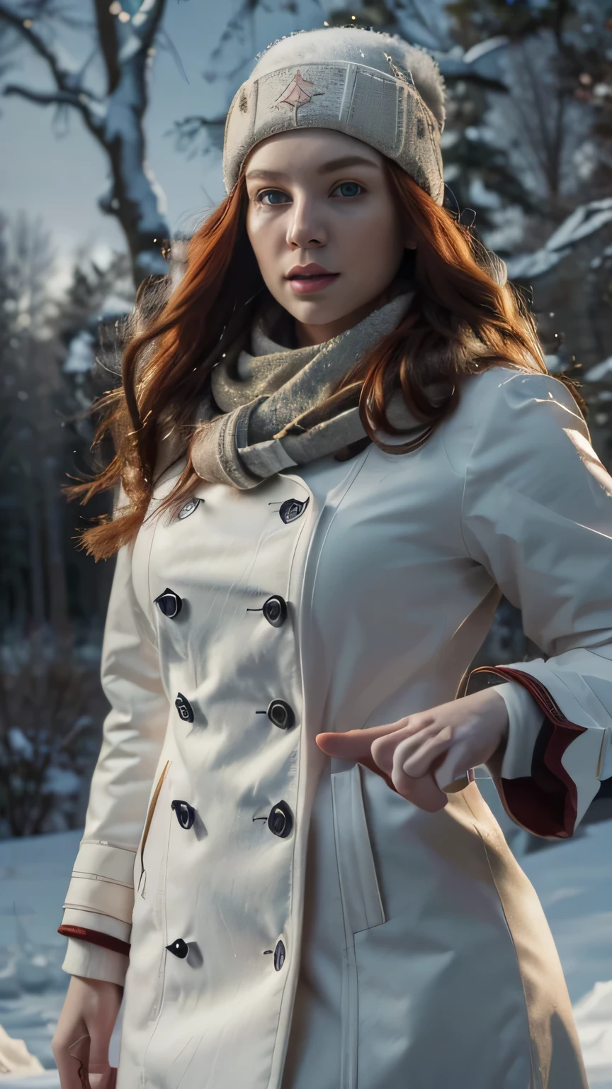 A beautiful woman with pale skin, long light red hair, wearing a white winter coat, scarf, and hat, in a fighting pose with a defiant expression, (best quality,4k,8k,highres,masterpiece:1.2),ultra-detailed,(realistic,photorealistic,photo-realistic:1.37),portrait,cinematic lighting,dramatic shadows,muted color palette,snow-covered forest background