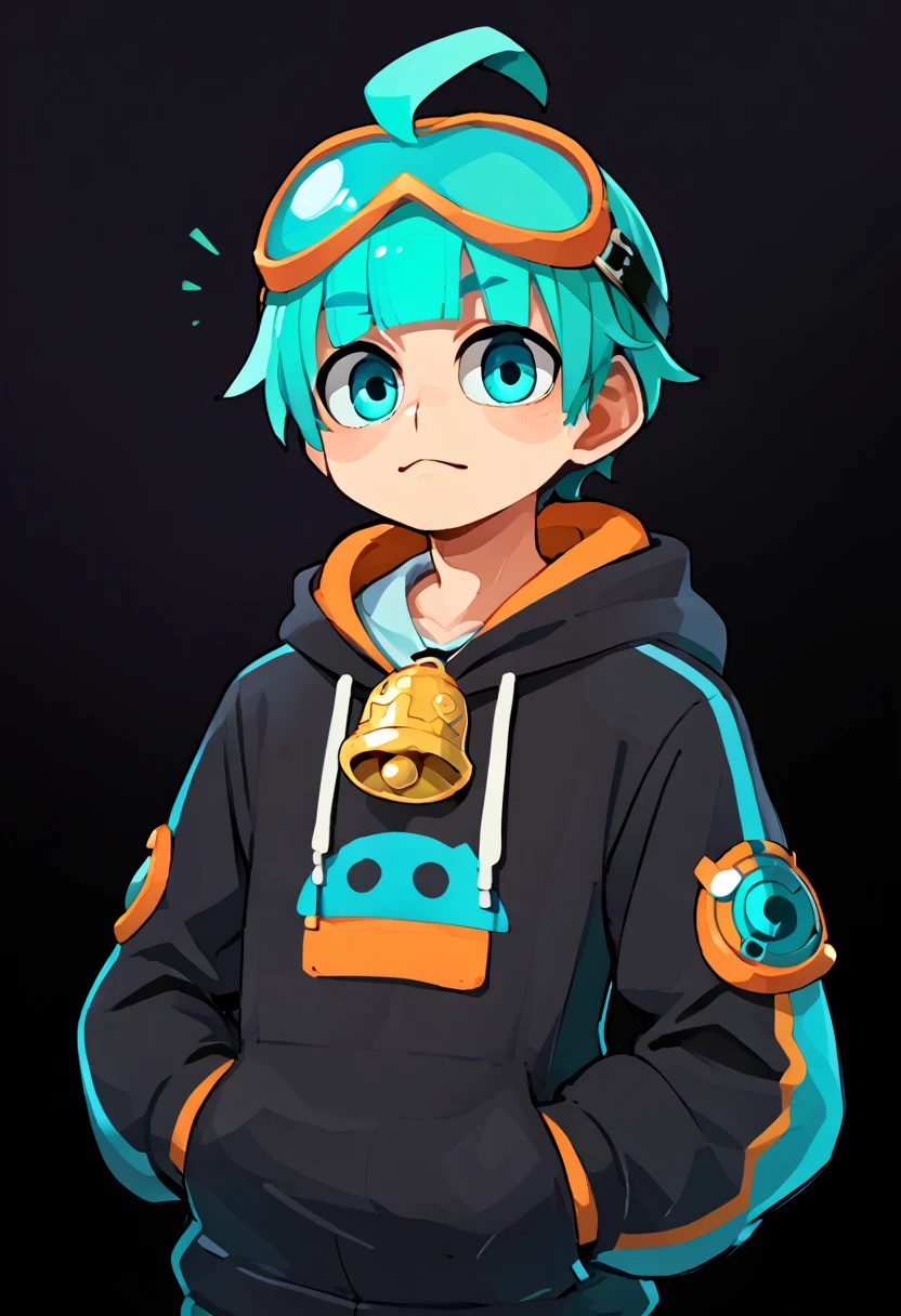 score_9, score_8_up, score_7_up, score_6_up, source_anime, ahoge, blunt bangs, bell, goggles, male, male only, hoodie, sweatshirt, vibrant color, doyagao, Surrealism, 8k, super detail