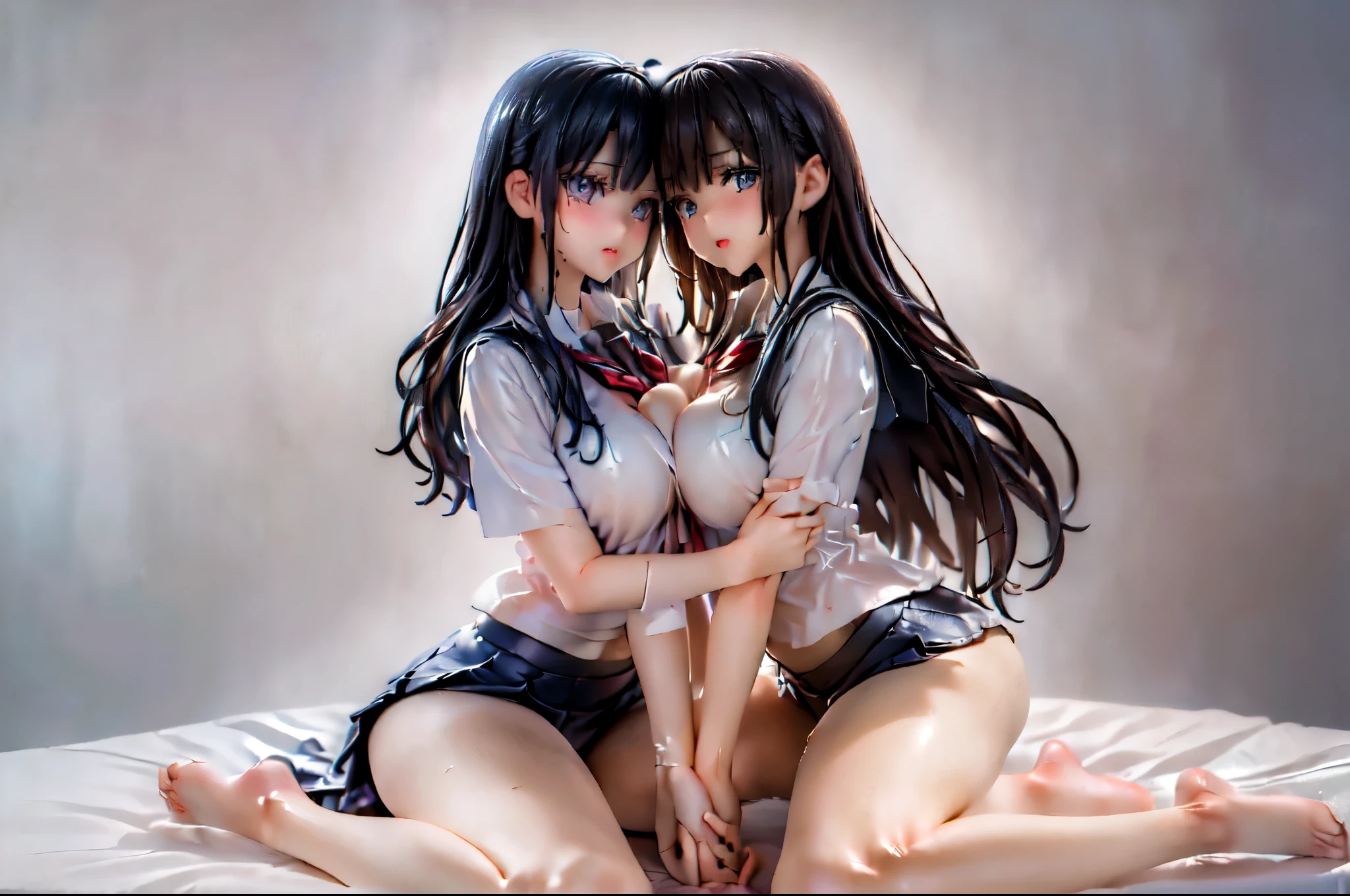 (Two girls hugging each other and holding hands:1.8), (Sitting on the bed:1.5), (school uniform:1.5)、(Big Breasts、Butt:1.5), (Crying in fear:1.5), (Simple Background:1.8), (Highest quality, masterpiece: 1.5), (2.5D)、(((Skin glowing with oil:1.3)))、(Body covered in milk:1.5)、 (Highest quality:1.2), (Raise the hand, Leg spread:1.3), ((((Wet)))), (((Spread your legs:1.5))),