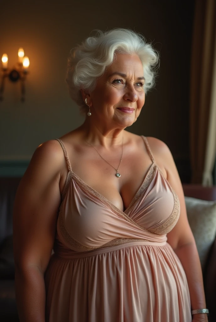An American Overweight reality base Modern fancy  over 60 elder aged woman with lipstick white gloves long earings and necklace wearing a white bikini lace short night dress in her room looking so sexy and hot.she also have big breasts 