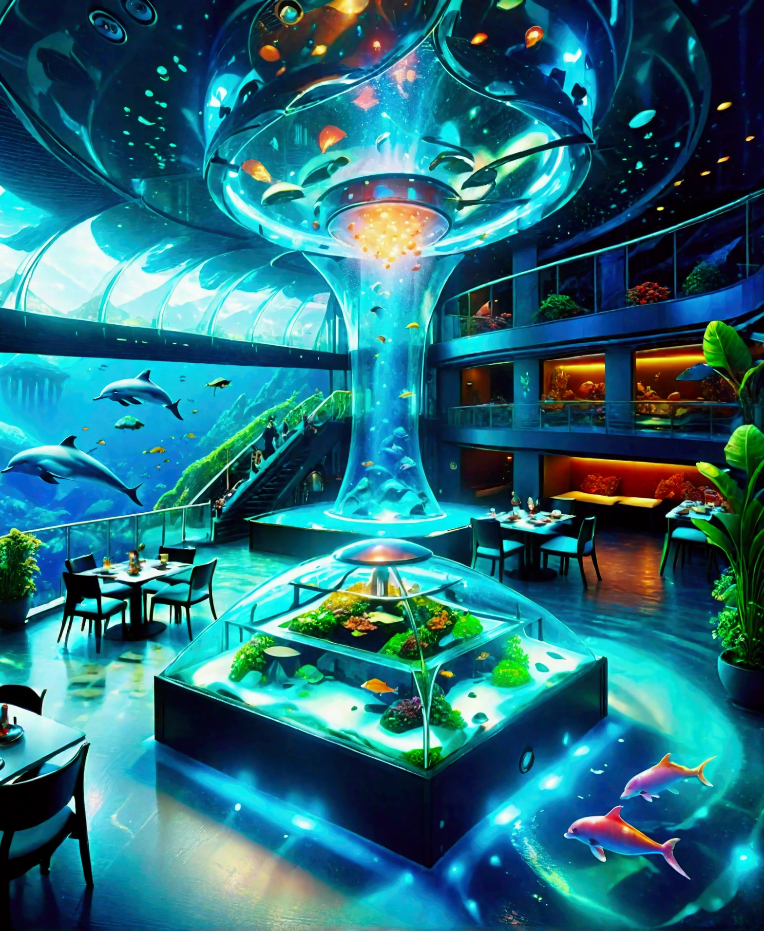 A large, futuristic, all-glass high-tech building, each floor has its own world, A floor with a restaurant where people enjoy their meals, The light blue-lit floor is a fantasy aquarium inhabited by dolphins and colourful tropical fish, The dark floor is a world of luminous mushrooms, On the rooftop is a volcano, with lava flowing down the side of the building.
