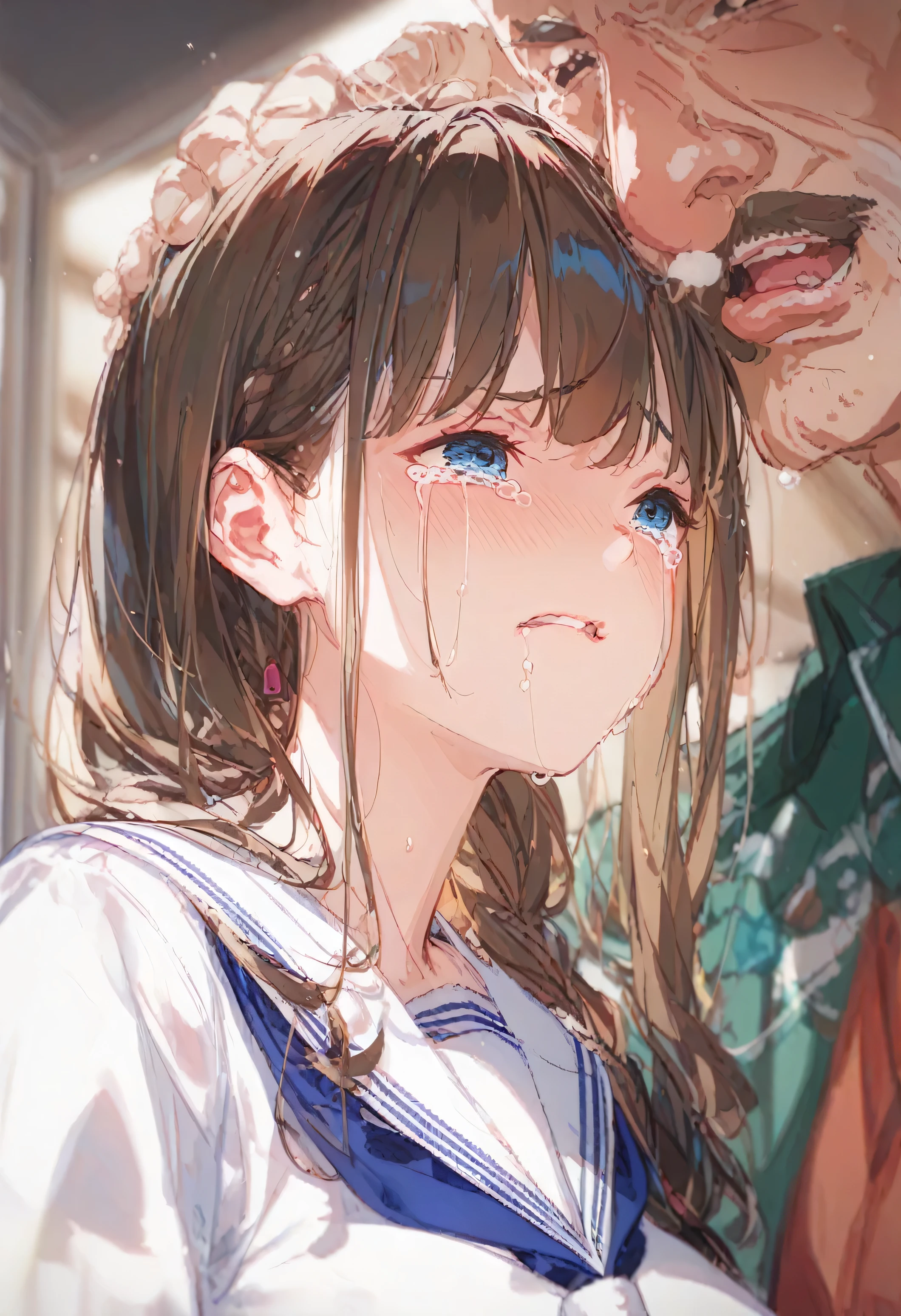 ((A packed train))、((Full body image))、Beautiful sister、((One Girl))、White skin、((Many old men near face))、((White Sailor Suit))、((tits))、Long dark brown hair、bangs、((Crying face、Girl's tears、Girl Turning Her Head))、Low - Angle、((Touching bust top&#39;s buttocks))、Molester、セーラー服の下に手を入れる