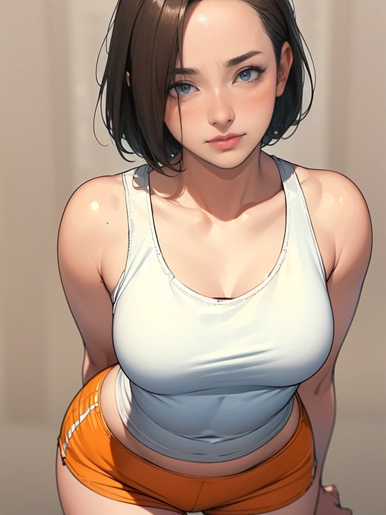 masterpiece,highest quality,Very detailed,High resolution,8k,wallpaper,Perfect lighting,BREAK(One Woman),(Mature woman:1.5),(4),(hooters),(((A very form fitting white tank top:1.5))),((The tank top.:1.5)),(((tiny orange shorts))),(((Very detailed costume drawings:1.5))),(Beautiful Eyes:1.5),(Detailed face drawing:1.5),(Detailed face drawing:1.5),((Very detailed female hand:1.5)),(Shiny skin:1.2),(s:1.2),(:1.5),(Sen :1.5),(Sports bar background:1.5),(((Blur the background:1.5))),(((I&#39;m embarrassed:1.5)))