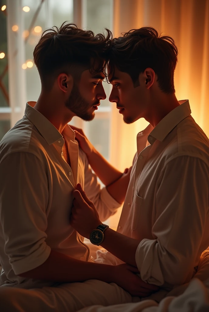 A handsome sexy man wearing open white shirt and black leather jacket hypnosis by another man touching and kissing and pressing his chest 