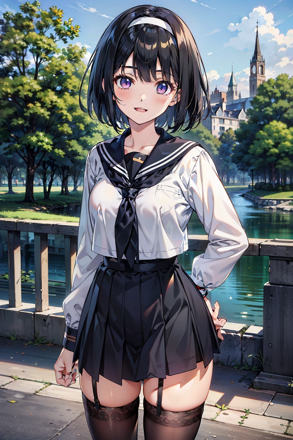 body 8 times longer than head, (Highly detailed CG unity 8k), (highest quality)，(very detailed)，(ultra high resolution), black hair, High school girl wearing a navy sailor suit, Anime 2D rendering, realistic young anime high school girl, ((White headband)), smile, purple eyes, small breasts, tall, slanted eyes, (school scenery), black stockings, bright color, open your mouth a little, Dark blue skirt, bob cut, (Black Stockings:1.4), (black garter belts:1.4), 