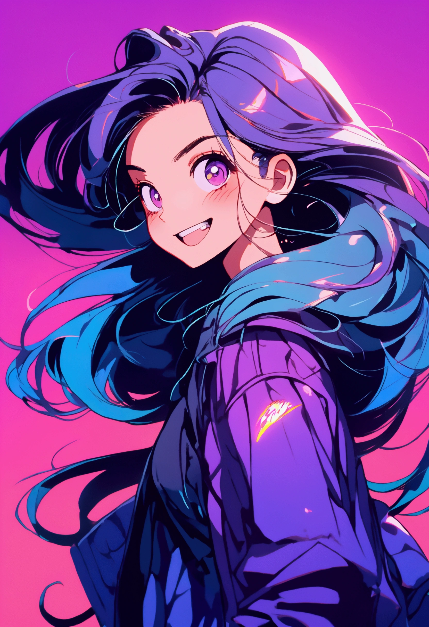 ((illustrator)), flat color, (anime style), sketch,realistic, 1girl, shiny lip, jogging suits, order, (((long asymmetry hair))),((evil smile)), purple ((gradient)) background, (neon hair), portrait, (dynamic angle:1.5),(close-up girl), ((looking away)), ((open cleavage))