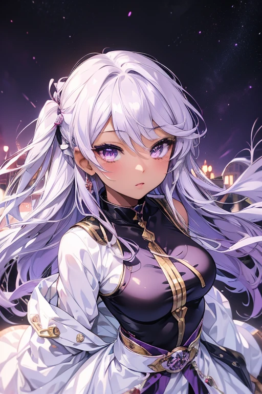 Produce an anime-style image, The girl, skin black, , ha ((purples eyes)) enchanting. {darkskin} hair as white as snow, The girl de corpo inteiro, Possession of a goddess, an ancient goddess, Galaxy Eyes