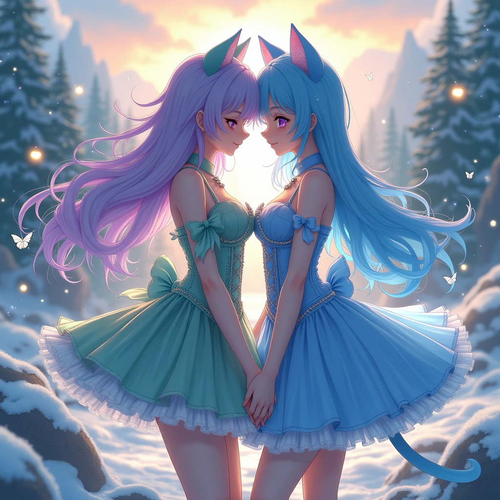  Twin teen girls, hold each other hand, one Light purple hair long curvy, one really curvy sky blue hair, big bow in dresses,big landscape,real firefly wings, snow background, Forest in background, mounain in background, long river in background, one high detailed tea green  short A skirt dress,  high detailed corset with king blue moitvume, high detailed tulle skirt, full body, realistic, ultra realistic, lot of snow, dark purple eyes. Friendly aura,  medium size butterfly wing in backbright light, sunshine from back, silver necklace,  like-anime, anime scene, little cat eye makeup, one king blue balett swan dress with bigg tulle tutu skirt, front pic, Jegesdi as a beautiful catgirl, detailed anime girl, detailed facial features, beautiful blue stars in eyes, cute cat ears, elegant cat-like pose, intricate cat-like outfit, fantasy background, moonlight in the alley, highly detailed, cinematic lighting, photorealistic, 8k, Beautiful long sky blue hair with purple lock of hair , front pic, full body, thic legs, black and purple outfit with purple tulle skirt, armour fantasy high heels.
