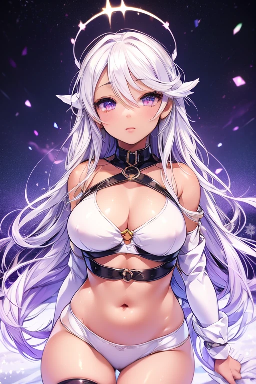 Produce an anime-style image, The girl, skin black, , ha ((purples eyes)) enchanting. {darkskin} hair as white as snow, The girl de corpo inteiro, Possession of a goddess, an ancient goddess, Galaxy Eyes