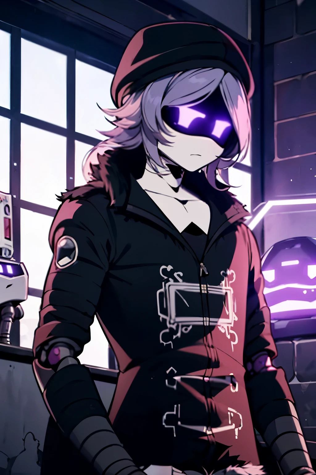 A spy robot, Black metal, purple display and purple light, long silver hair, using "black overcoat" and a beret cap (Robot appearance) (more masculine) (long  hair) (Less focus on the setting and more on the character)