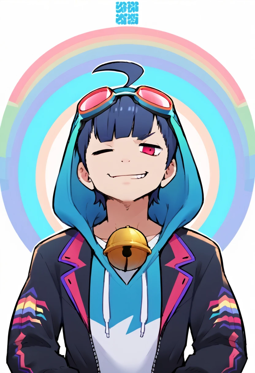 score_9, score_8_up, score_7_up, score_6_up, source_anime, ahoge, blunt bangs, bell, goggles, male, male only, hoodie, sweatshirt, vibrant color, smirk, Eye half closed, Pride pose, Surrealism, 8k, super detail