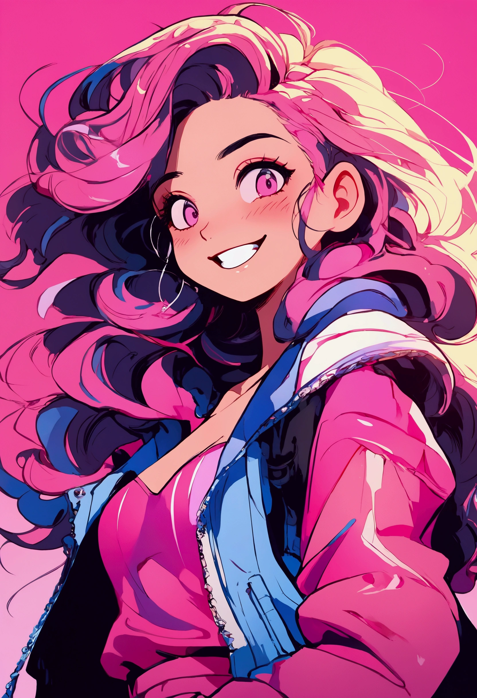 ((illustrator)), flat color, (anime style), sketch,realistic, 1girl, (shiny lip), jogging suits, order, (long asymmetry:1.3) hair,((evil smile)), pink ((gradient)) background, (neon hair), portrait, (dynamic angle:1.5),(close-up girl), ((looking away)), (open cleavage:1.4)