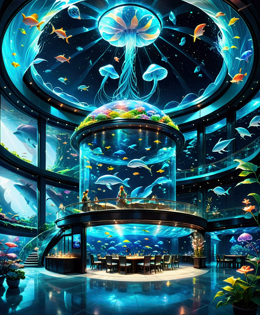 A large, futuristic, all-glass high-tech building, each floor has its own world, A floor with a restaurant where people enjoy their meals, The light blue-lit floor is a fantasy aquarium inhabited by dolphins and colourful tropical fish, the dark floor is a world of luminous mushrooms and jellyfish, and the rooftop is a volcano with cascading lava. Dwarves, fairies, elves and glowing butterflies.