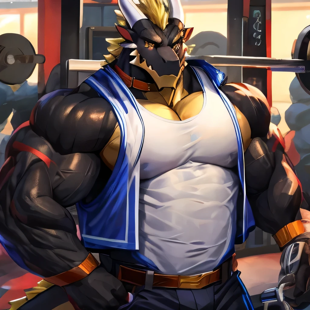 barrel(live a hero), hyper muscular, bodybuilder, huge muscles, gym, naked, shirtless, double bicep flexing.