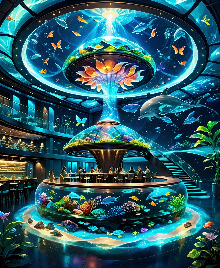 A large, futuristic, all-glass high-tech building, each floor has its own world, A floor with a restaurant where people enjoy their meals, The light blue-lit floor is a fantasy aquarium inhabited by dolphins and colourful tropical fish, the dark floor is a world of luminous mushrooms and jellyfish, and the rooftop is a volcano with cascading lava. Dwarves, fairies, elves and glowing butterflies.