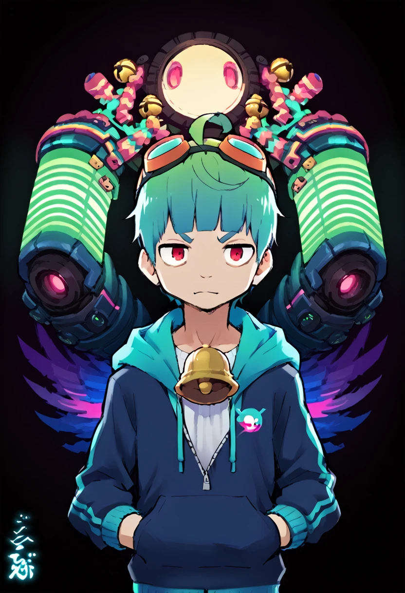 score_9, score_8_up, score_7_up, score_6_up, source_anime, ahoge, blunt bangs, bell, goggles, male, male only, hoodie, sweatshirt, vibrant color, doyagao, Surrealism, 8k, super detail